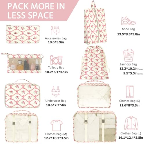 KPX 8 Set Packing Cubes for Travel, Luggage Packing Organizers Accessories Large Toiletries Bag for Clothes Shoes Cosmetics (8Set-Flower & Bow) - color: 8Set-Flower & Bow