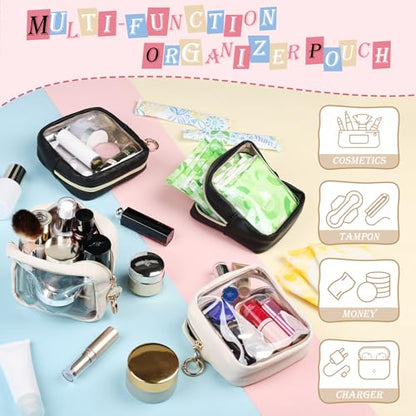4.9" Clear Small Makeup Bag for Purse, TPU Mini Cosmetic Bag with Ring Buckle, Portable Small Makeup Travel Toiletry Pouches for Women, Birthday/Wedding/Christmas (Black) - color: Clear-Single-sided Black