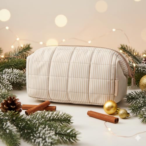 BAGSMART Makeup Bag Travel Toiletry Bag, Puffy Padded Make Up Bags for Women Makeup Organizer Case, Wide-open Pouch Purse Travel Essentials Toiletries Accessories Brushes, Strip Khaki Brown - color: 10-Cream Striped
