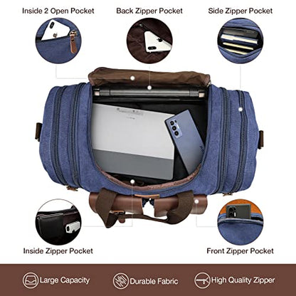 Wildroad 50L Travel Duffel Bag, Expandable Canvas Genuine Leather Duffle Bag Upgraded Overnight Weekender Carry on Bag - color: Blue, size: Large-50L Duffle Bag