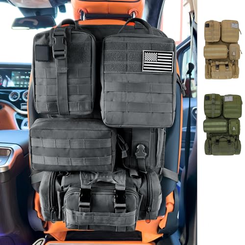 6 Pack Tactical MOLLE Car Seat Back Organizer - Universal Vehicle Storage Bag with 5 Detachable MOLLE Pouches, US Flag Patch & Keychain, Fits Jeep, Truck, SUV, Car (Black)