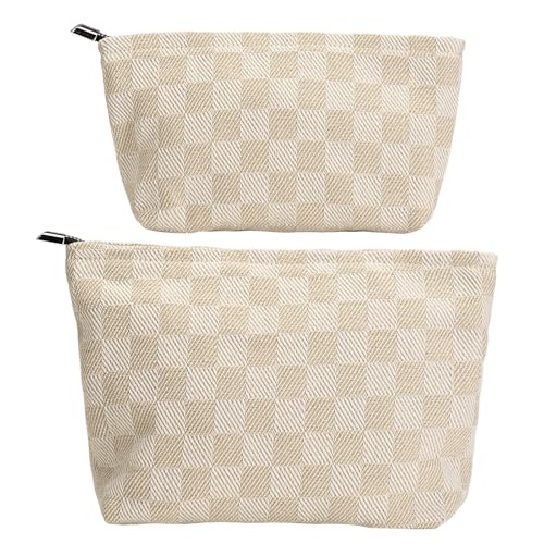 2-Pack Beige Checkered Makeup Bag Set - Large Capacity Cosmetic Organizer Pouch | Travel Toiletry Bag for Women Girls - color: C02-light coffee