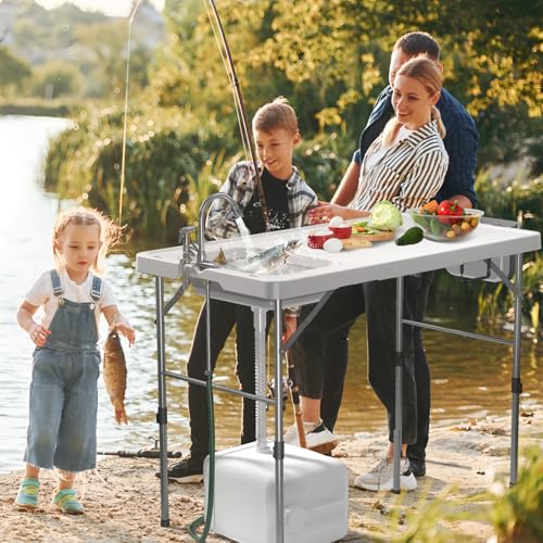 Folding Fish Cleaning Table with Sink, 50"x27" Bi-Folding Portable Camping Sink Station with Drain Hose, Trash Can, Gloves and Cleaning Kits, Foldable Outdoor Sink for Camping, Fishing, BBQ - style: Fish cleaning table Bi-Folding