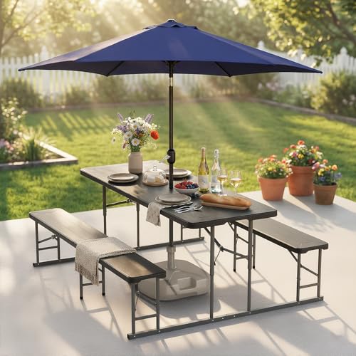 VINGLI Folding Picnic Table and Bench Set with Umbrella, Portable Outdoor Dining Furniture for Camping, Patio, Backyard, Wood Grain Plastic Top with Metal Frame with Dark Blue Umbrella - color: Black, style: With Umbrella
