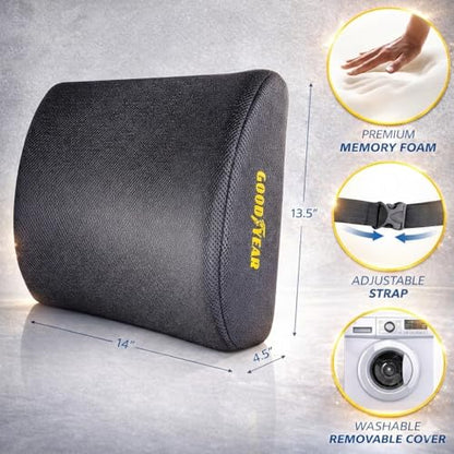 Goodyear Ergonomic Lumbar Support Pillow for Office Chair, Gaming Chair, or Car, Memory Foam Cushion with Ventilated Mesh and Adjustable Strap for Long Lasting Comfort