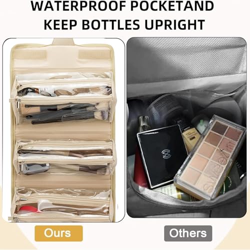 ROYALFAIR Roll Up Makeup Bag, Travel Toiletry Bag for Women with 4 Clear TSA Approved Pouches, Hanging Travel Organizer, Folding Cosmetic Bag for Men and Women - color: khaki