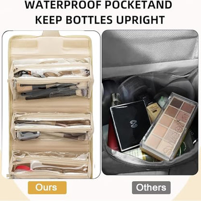 ROYALFAIR Roll Up Makeup Bag, Travel Toiletry Bag for Women with 4 Clear TSA Approved Pouches, Hanging Travel Organizer, Folding Cosmetic Bag for Men and Women - color: khaki