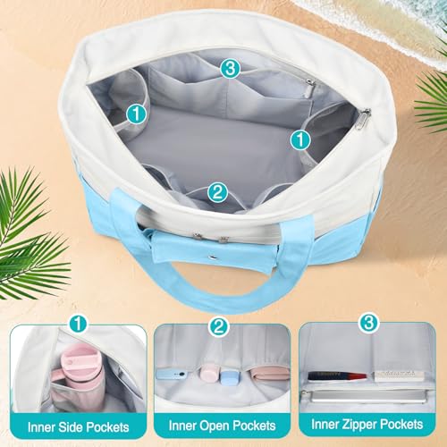Beach Bags for Women Large Canvas Beach Tote with Zipper Wet Pocket, Waterproof Foldable Swim Pool Travel Tote Bags - color: Light Blue