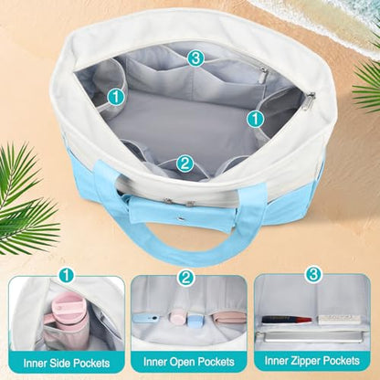 Beach Bags for Women Large Canvas Beach Tote with Zipper Wet Pocket, Waterproof Foldable Swim Pool Travel Tote Bags - color: Light Blue