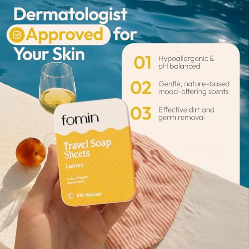 FOMIN - Paper Soap Sheets Tin for Traveling - (300 Sheets) Lemon Portable Travel Hand Soap Sheet, Dissolvable Mini Camping Hand Soap for Hand Washing - color: Lemon Pack of 3