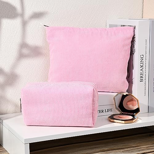 SOIDRAM 2 Pieces Makeup Bag Large Corduroy Cosmetic Bag Capacity Canvas Mix Travel Toiletry Bag Organizer Cute Makeup Brushes Aesthetic Accessories Storage Bag for Women,Corduroy Mix Hot Pink - color: Corduroy Hot Pink