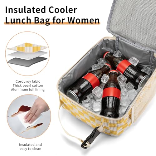 Lunch Box for Women Men Adult Insulated Lunch Bag Women Men Small Reusable Lunchbox for Work Picnic Travel (Beige-Yellow Plaid) - color: Beige-Yellow Plaid