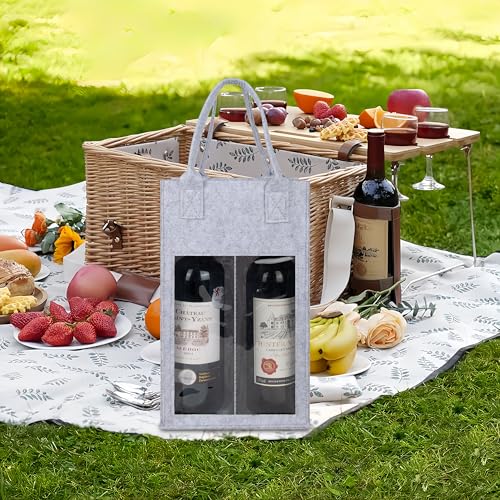 Kingshion Felt 2 Wine Bottle Carrier Bag with Handle, 2 Compartments Wine Bottle Storage Holder, Reusable Travel Carry Bag (Light Grey)