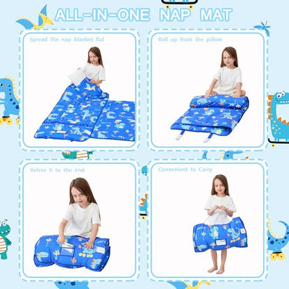 Lasoftan Toddler Nap Mat with Pillow and Blanket, Extra Large Rolled Napping Mats,Slumber Bags for Boys Girls,Kids Sleeping Bag for Daycare, Preschool Travel Camping - color: Blue Dinosaurs