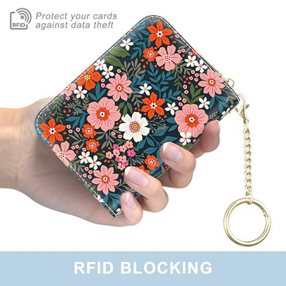 Aiawoxc Credit Card Holder, Small RFID Wallet Slim Leather Card Organizer Case with Zipper and Wristlet Strap, Cute Flowers - color: B-Cute Flowers, size: Wrist Strap