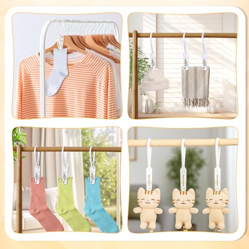90 Pack Multi-Purpose Clothes Pins Laundry Hooks Hanging Clips with Plastic Rope for Baby Clothes Closet Organizer for Pants Hat Sock Boot Bra Towel Bathroom Wardrobe Kitchen, White