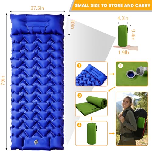 4-Inch Inflatable Camping Sleeping Pad with Built-in Foot Pump & Pillow, Side Sleeper Support, Stays Firm Overnight, Compact for Backpacking, Car Camping & Outdoor Gatherings - color: Royal Blue+green