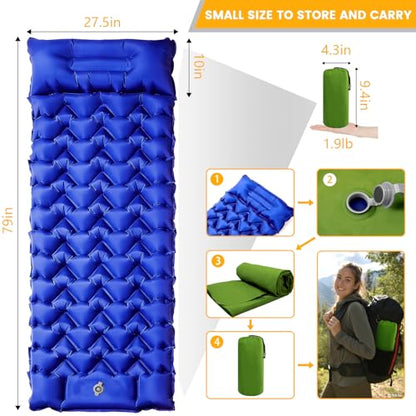 4-Inch Inflatable Camping Sleeping Pad with Built-in Foot Pump & Pillow, Side Sleeper Support, Stays Firm Overnight, Compact for Backpacking, Car Camping & Outdoor Gatherings - color: Royal Blue+green