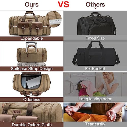 Wildroad 50L Travel Duffel Bag, Expandable Canvas Genuine Leather Duffle Bag Upgraded Overnight Weekender Carry on Bag - color: Coffee, size: Large-50L Duffle Bag