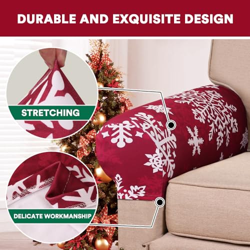 PrinceDeco Thick Velvet Stretch Armrest Covers for Chairs and Sofas Armchair Covers for Arms Couch Arm Cover Armrest Cover for Sofa Non Slip (2 Pack: Snowflakes) - color: Red