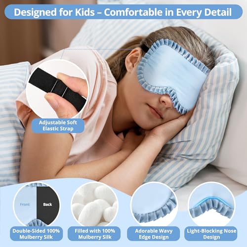 Kids Sleep Mask, 100% Real Mulberry Silk Eye Mask, Sleeping Mask for Kids with Adjustable Elastic Band, Soft & Light Blocking Eye Cover Gift for Boys Girls Teens Age 5+ (Blue) - color: Blue