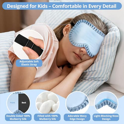 Kids Sleep Mask, 100% Real Mulberry Silk Eye Mask, Sleeping Mask for Kids with Adjustable Elastic Band, Soft & Light Blocking Eye Cover Gift for Boys Girls Teens Age 5+ (Blue) - color: Blue
