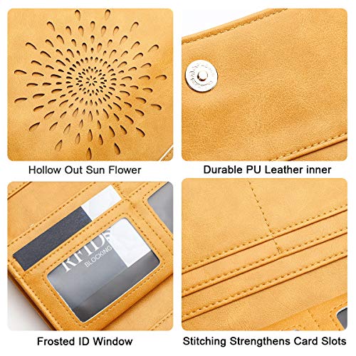 APHISON Womens Wallets RFID Blocking Leather Clutch Long Wallet for Women Card Holder Phone Organizer Ladies Travel Purse Hollow Out Sunflower Design Gift - color: YELLOW