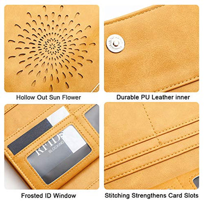 APHISON Womens Wallets RFID Blocking Leather Clutch Long Wallet for Women Card Holder Phone Organizer Ladies Travel Purse Hollow Out Sunflower Design Gift - color: YELLOW