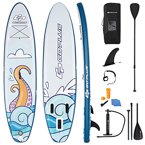 Goplus Inflatable Stand up Paddle Board, 10'/10.5'/11' SUP 6" Thick with Premium Accessories, Adjustable Aluminum Paddle, Leash, Carry Bag, Hand Pump, Removable Fin, ISUP for Adults - size: 10.5 FT, style: Navy+White