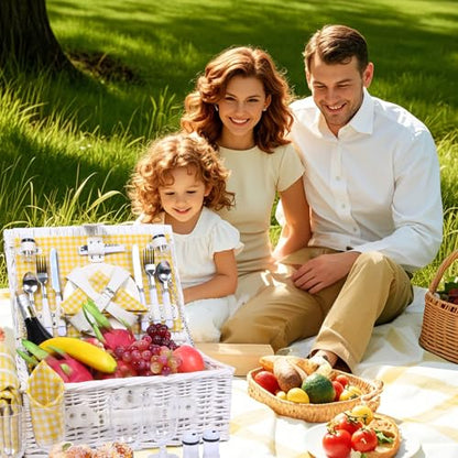 Picnic Basket Set for 4 with Waterproof Blanket Mat Insulation Bag Wicker White Yellow Light Fresh Gifts for Wedding Birthday Summer Camp Outdoor Camping Beach Travel Christmas Thanksgiving - color: Yellow Grid