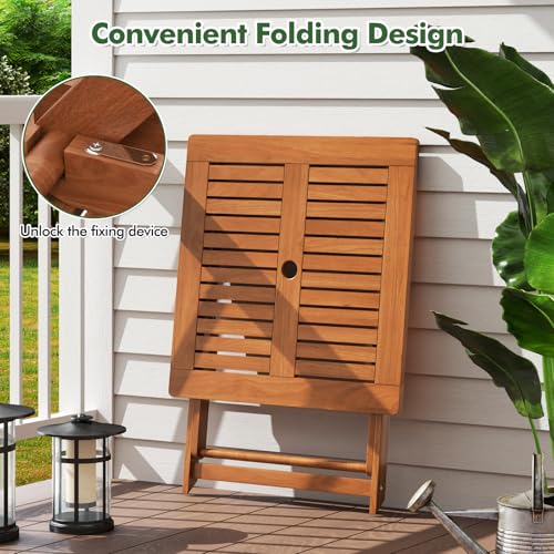 Tangkula 29.5-Inch Square Patio Dining Table, Solid Wood Folding Outdoor Bistro Table with Teak Painting & 2" Umbrella Hole, Outdoor Dining Table for Balcony, Deck, Porch, Backyard - size: 29.5"