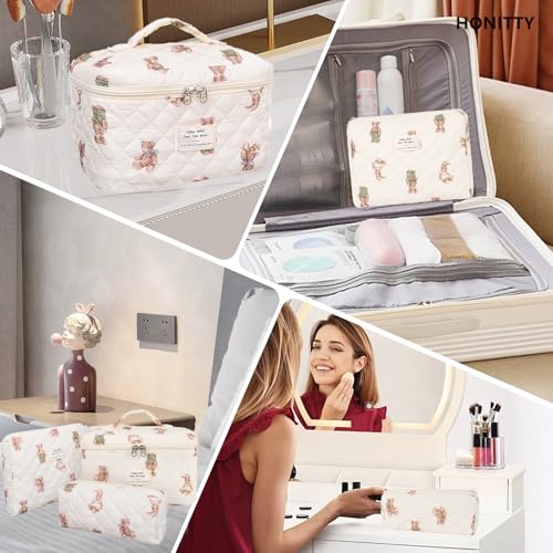 honitty Makeup Bag,Quilted Cosmetic Bag,Large Floral Make Up Bag for Women,Cotton Makeup Bag Set,Flower Travel Toiletry Bag - color: Bear