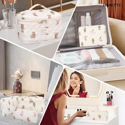honitty Makeup Bag,Quilted Cosmetic Bag,Large Floral Make Up Bag for Women,Cotton Makeup Bag Set,Flower Travel Toiletry Bag - color: Bear
