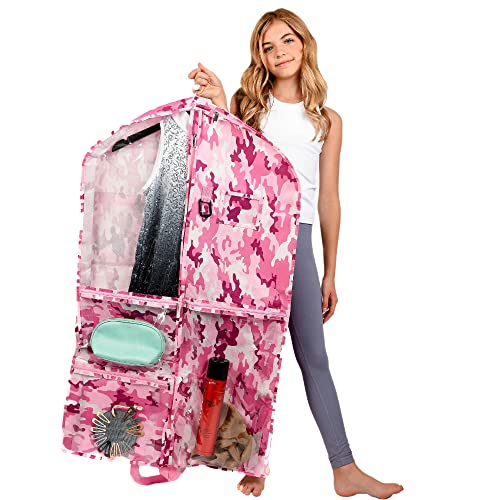 Waterproof Hanging Garment Bag 40 inch Clothes Bag with Gusset, 5 Pockets & Side Zip for Dance Costumes, Cheer, Skating, Theatre, Beauty Pageants & More by Kendall Country, Camo Pink - color: Camo Pink, size: 40 inch