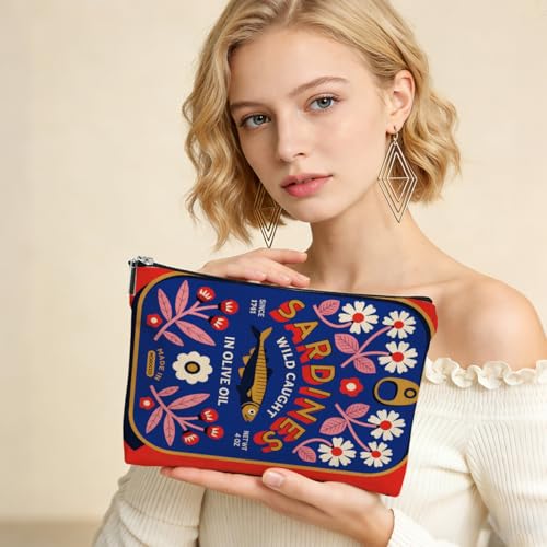 Vintage Sardine Makeup Bag for Women, Fish Canvas Cosmetic Makeup Pouches with Zipper Travel Makeup Cosmetic Bags, Sardine Olive Oil Toiletry Organizer Pouch Birthday Gifts - color: Multicolor 0010