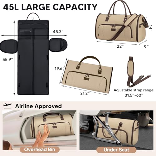 Vessgra 2 in 1 Duffle Bag, Carry On Duffle Bags for Women, 2 in 1 Suit Bag with Shoes Compartment 45L Garment Bag for Airplane Travel,Garment Bags with Shoulder Strap,(Khaki) - color: Khaki