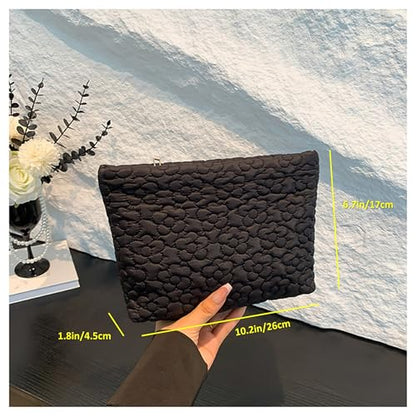 Puffy Quilted Makeup Bag for Women, Cosmetic Bag, Travel Toiletry Organizer Pouch Clutch (Black Flowers) - color: Black Flowers