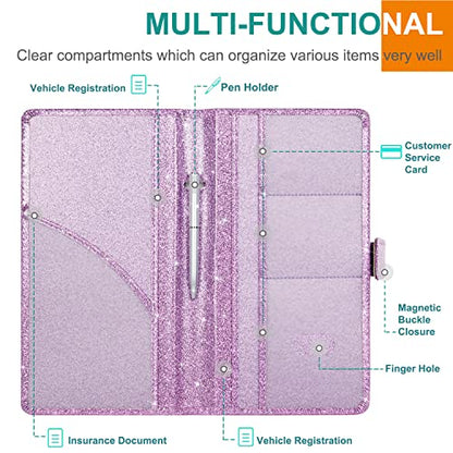 RSAquar Car Registration and Insurance Holder, Vehicle Car Glove Box Organizer, Cool Car Accessories for ID, Driver License Cards & Essential Document, Men&Women, Purple Glitter - color: Glitter Purple