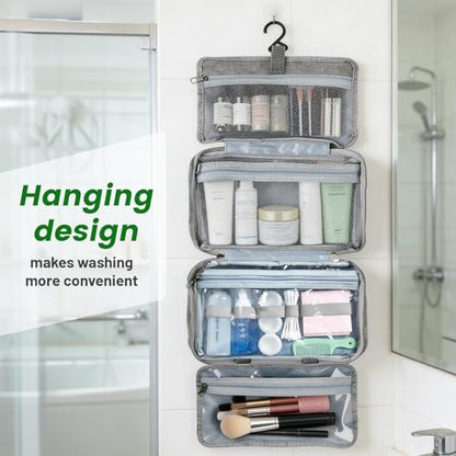 4-Layer Foldable Hanging Toiletry Bag – Large Capacity Travel Organizer with Dry-Wet Separation, Portable Toiletry Kit for 3-5 People (Grey) - color: Grey