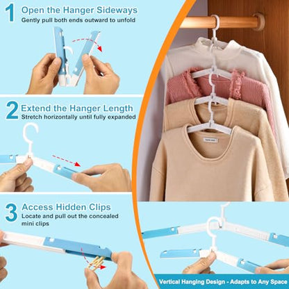 6 Pack Fodable Travel Hangers with Clips & Adjustable Clothesline, Portable Collapsible Hangers with Storage Bag for Suitcase, Hotel, RV, Cruise Essentials Set (Blue) - color: Blue