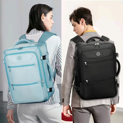 SHRRADOO Travel Backpack for Women & Men,Airline Approved Carry On Luggage,TSA Overnight Bags,40L Personal Item Travel Bag fits 17" Laptop,Carry on Bag with Storage Bag Cosmetic Bag Set 3pcs - color: Light Blue