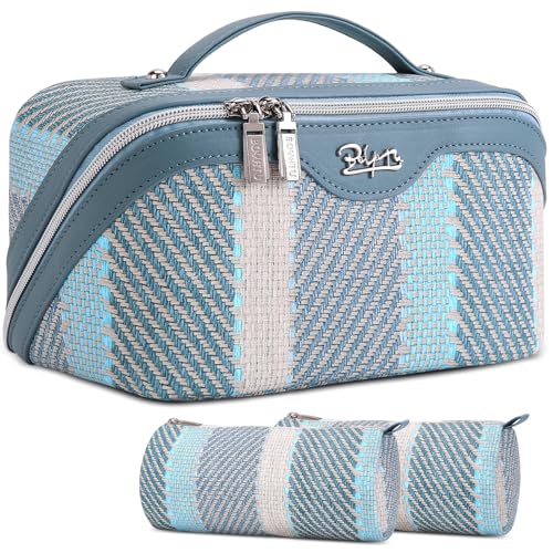 BOYATU Travel Makeup Bag Cosmetic Bag for Women: 3 Pcs Set Make up Bag with Compartments - Waterproof Vegan Leather Toiletry Bags with Handle - Makeup Organizer for Travel Essentials(C-1-Blue) - color: C-1-Blue