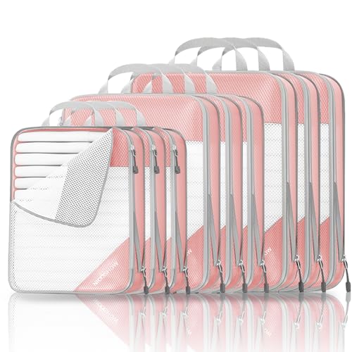 9 Set Compression Packing Cubes for Travel - Compressible, Lightweight, and Space-Saving Packing Cubes, Travel Essentials for Women, Pink - color: Pink, size: 9 pcs