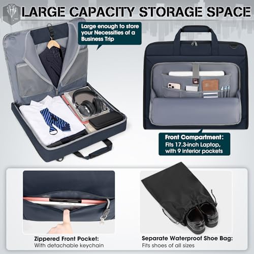 RAINSMORE Garment Bags for Travel Carry On Garment Bag for Hanging Clothes, Suit Bag for Business Trips with Shoes bag & Shoulder Strap, Waterproof Foldable Suit Luggage Bag for Men Women, Blue - color: Blue