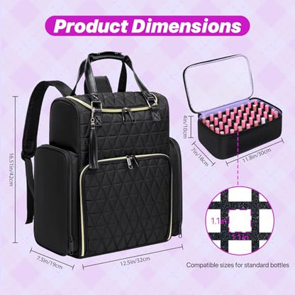Nail Bag Organizer Case Backpack, Nail Bag Holds 80 Bottles (15ml-0.5 fl.oz) and Nail Lamp, Nail Polish Case with 2 nail polish Bag, Portable Travel Backpack for Nail Tech Supplies Manicure Tools - color: Black