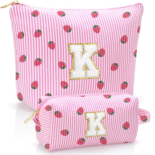 Personalized Initial Makeup Bag,Strawberry Print Preppy Cosmetic Toiletry Travel Bag,Trendy Letter Makeup Pouch for Teen Girls and Women,Holiday & Birthday Gift,2 Pack (K, Pink Strawberry) - style: K