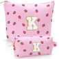 Personalized Initial Makeup Bag,Strawberry Print Preppy Cosmetic Toiletry Travel Bag,Trendy Letter Makeup Pouch for Teen Girls and Women,Holiday & Birthday Gift,2 Pack (K, Pink Strawberry) - style: K