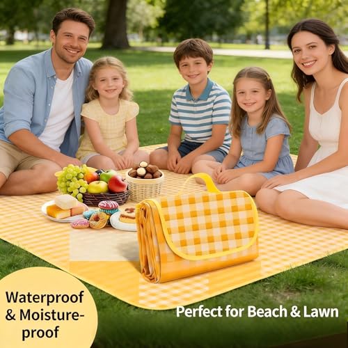 Loulangems Extra Large 2m x 2m Orange Plaid Picnic Mat, Sandproof Waterproof Outdoor Blanket, Orange Plaid Picnic Blanket for Campin and Hiking, Machine Washable