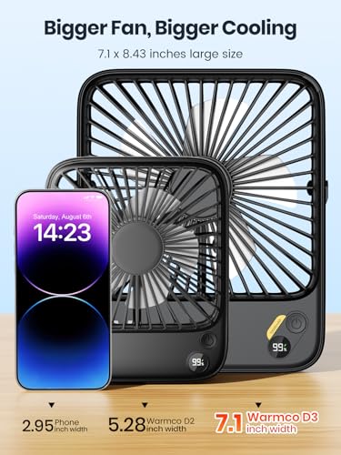 Warmco 10000mAh Portable Travel Fan 7-inch, Up to 24H Runtime, Ultra-thin Quiet Rechargeable Battery Powered Desk Fan with Digital Display for Camping, Office, Bedroom, Cruise Essentials - color: Black