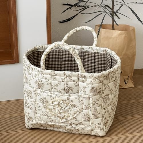 Foldable Laundry Basket Boho Bear Storage Basket Floral Quilted Fabric Car Storage Basket Handles Large Laundry Baskets for Clothes and Dolls - color: Coffe